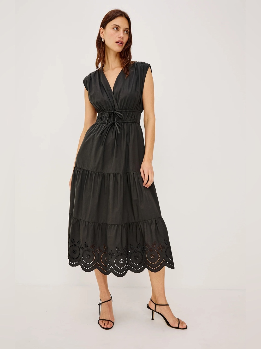 Rails V Neck Cap Sleeve Tie Waist Lucia Tiered Midi Dress in Black Eyelet